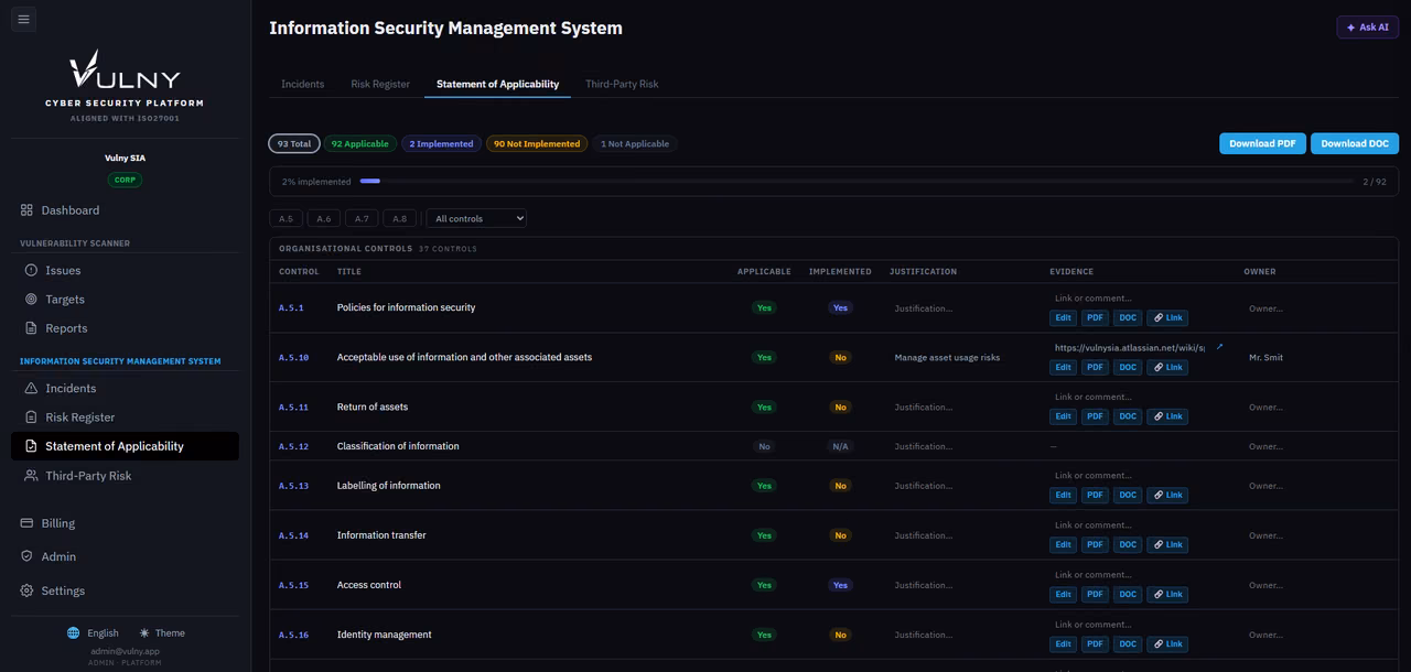 Vulny ISO 27001 Statement of Applicability listing controls with status, evidence and owners